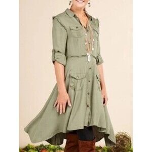 Matilda Jane NWT Once Upon a Time Green Hi Low Dress Button Down Pockets Small